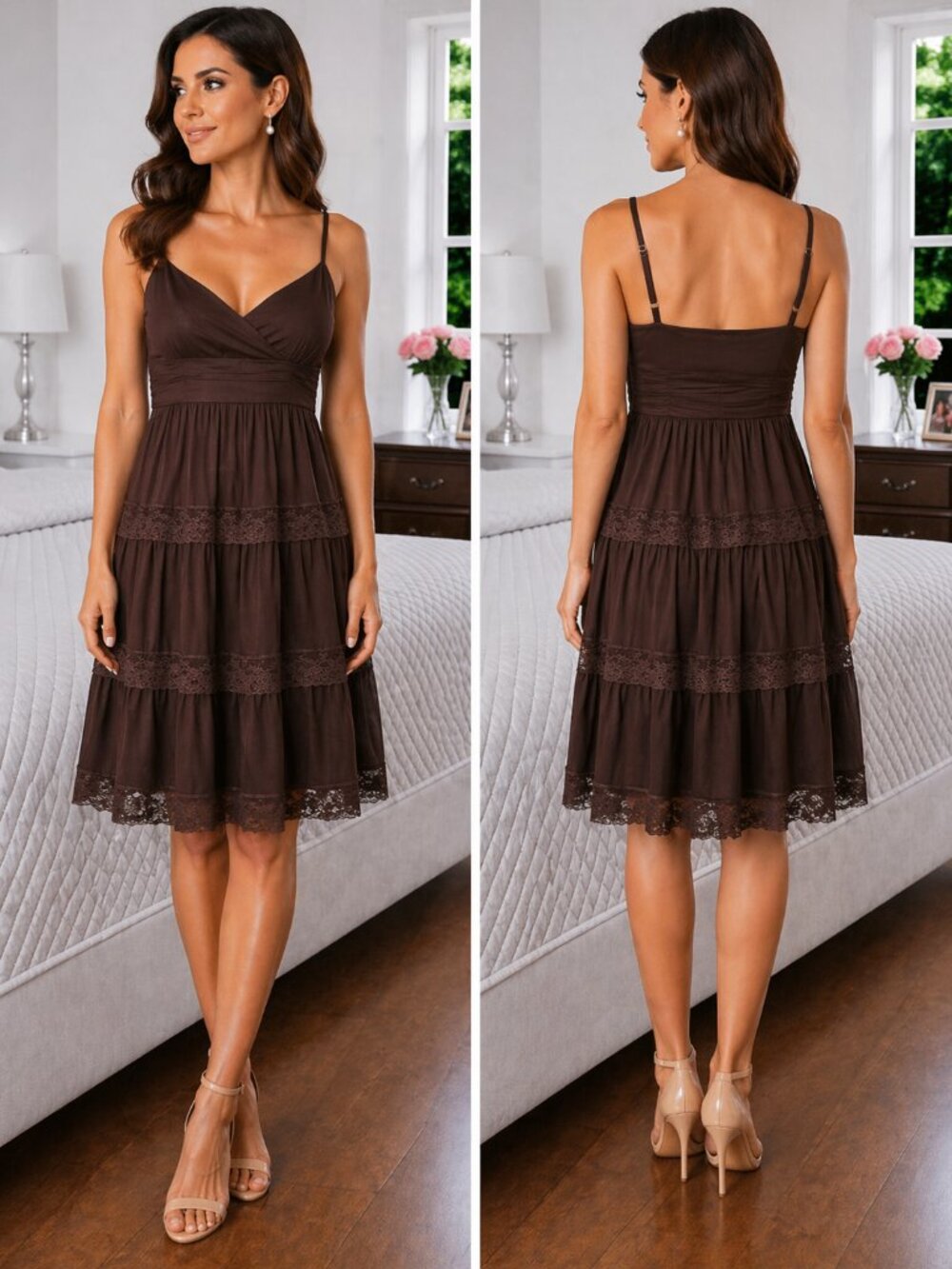 BCBGMAXAZRIA Brown Chiffon Lace Dress $129
